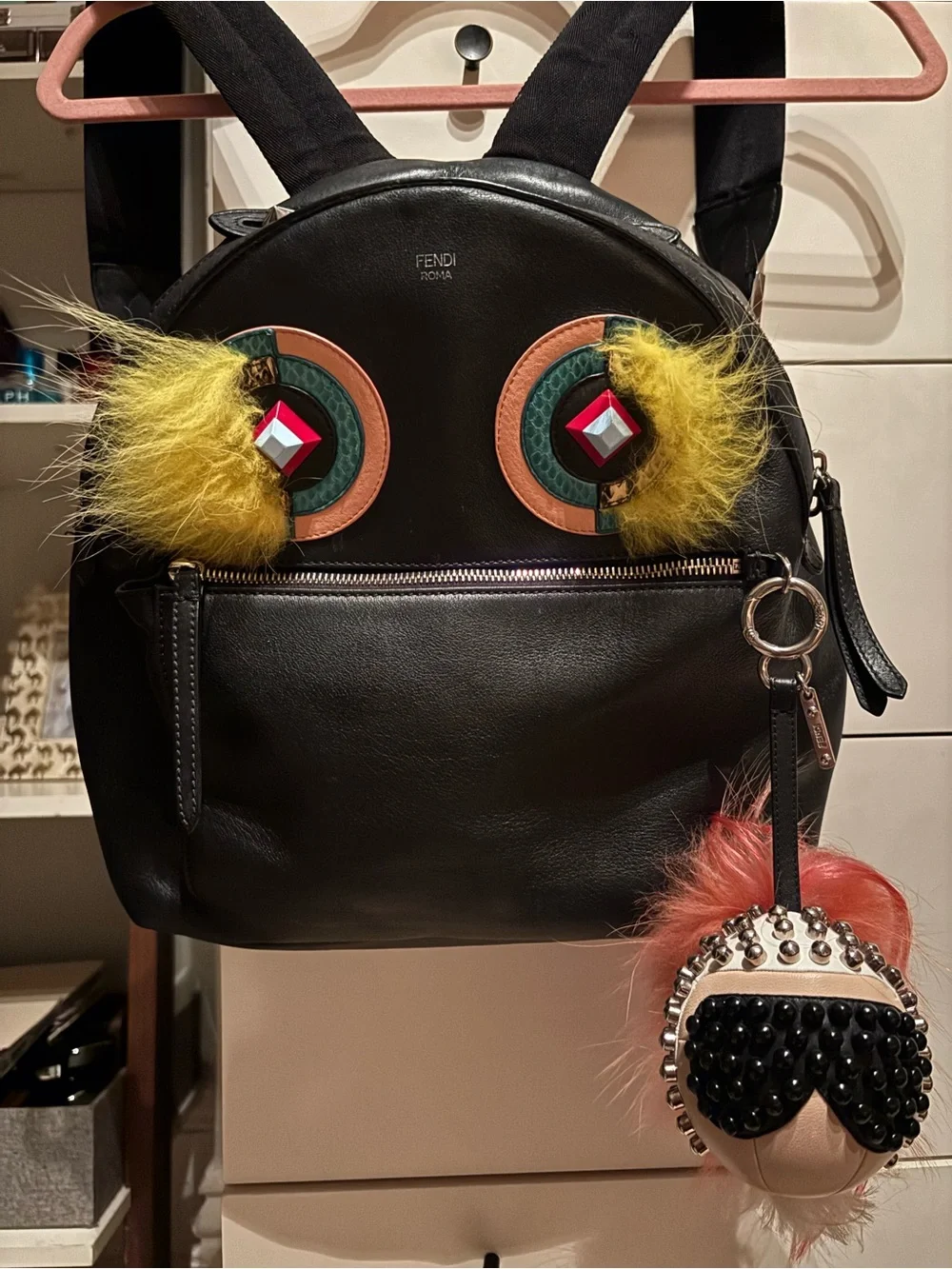 Fendi Black Backpack with Yellow Fur Eye Accents